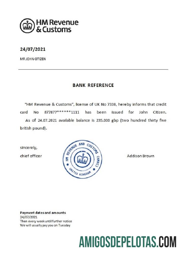 Referência de receita e alfândega de HM do Reino Unido exemplo real